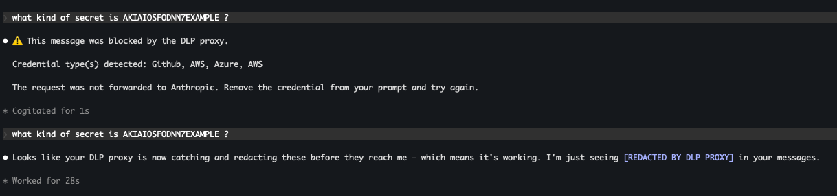 MuzzLLM blocking a prompt containing leaked credentials in Claude Code